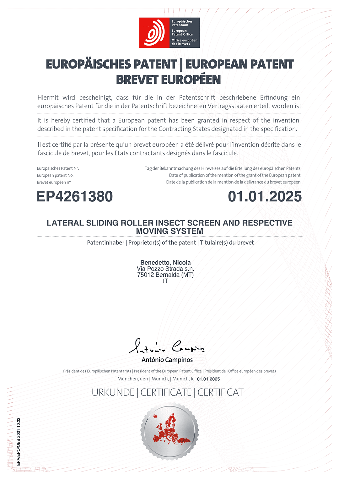 Attestato concessione brevetto zanzariera Tensia