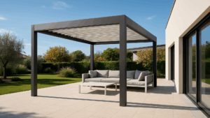 Pergola bioclimatica ambientata in giardino moderno