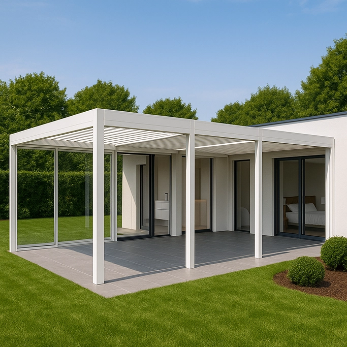 Pergola Easy bianca addossata a casa